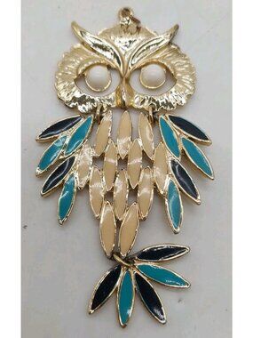 Vintage Owl Pendant Metal Gold Tone Blue White 3.5"